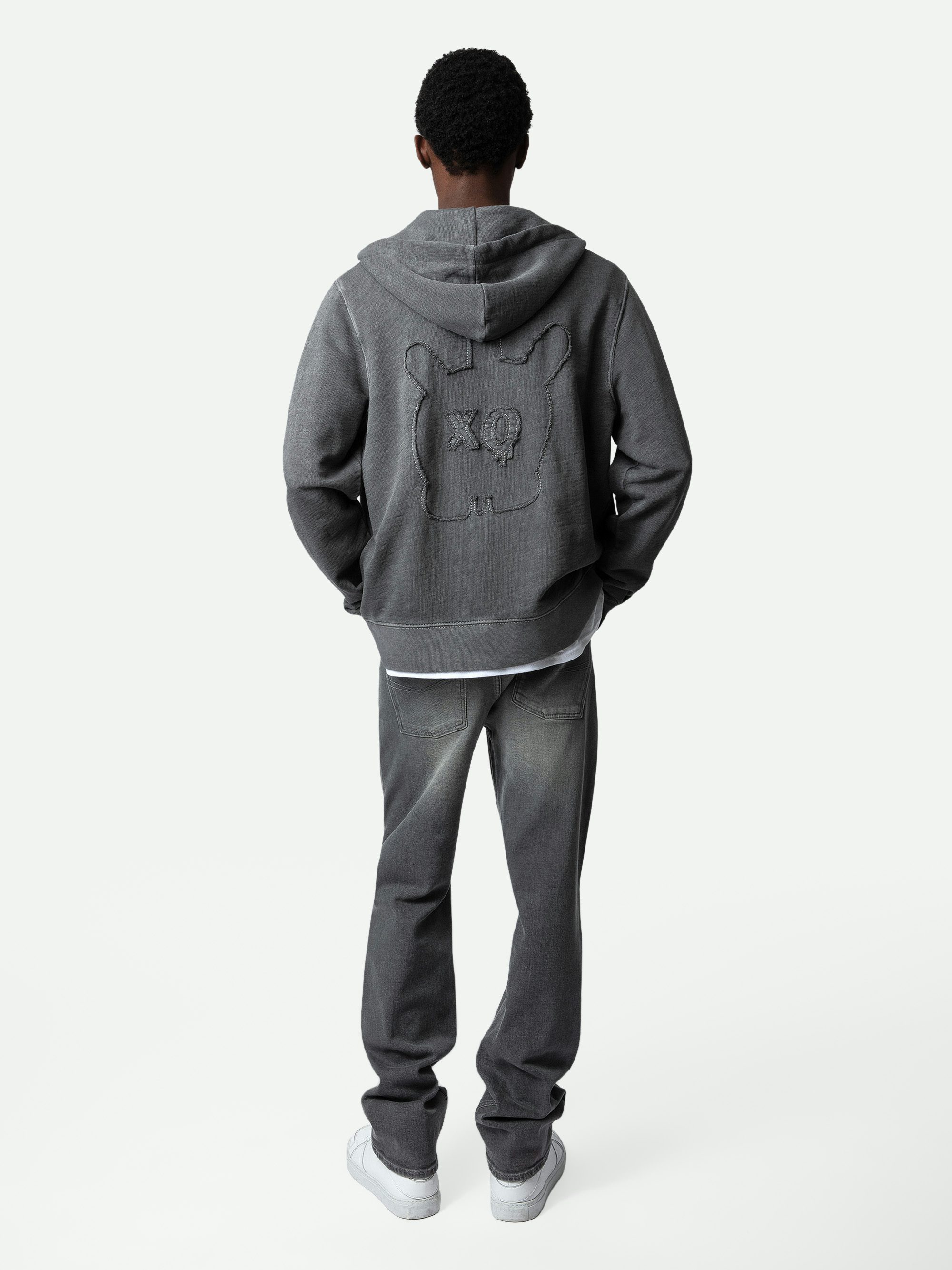 Alex Skull Sweatshirt - Grey cotton fleece hooded zip-up sweatshirt with pocket and Skull XO patch.